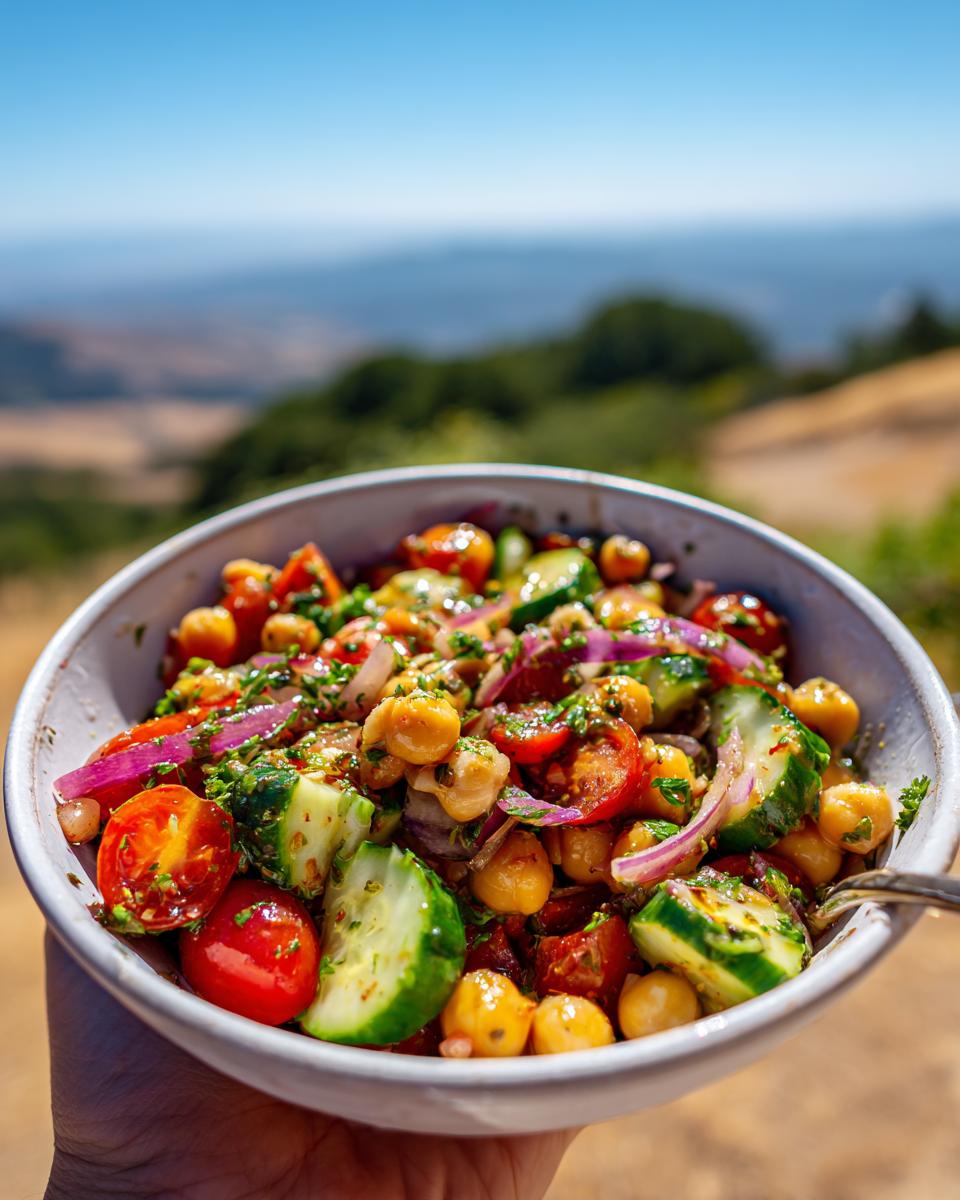 A close-up of a refreshing Mediterranean chickpea salad with tomatoes, cucumbers, red onion, and herbs, held outdoors.