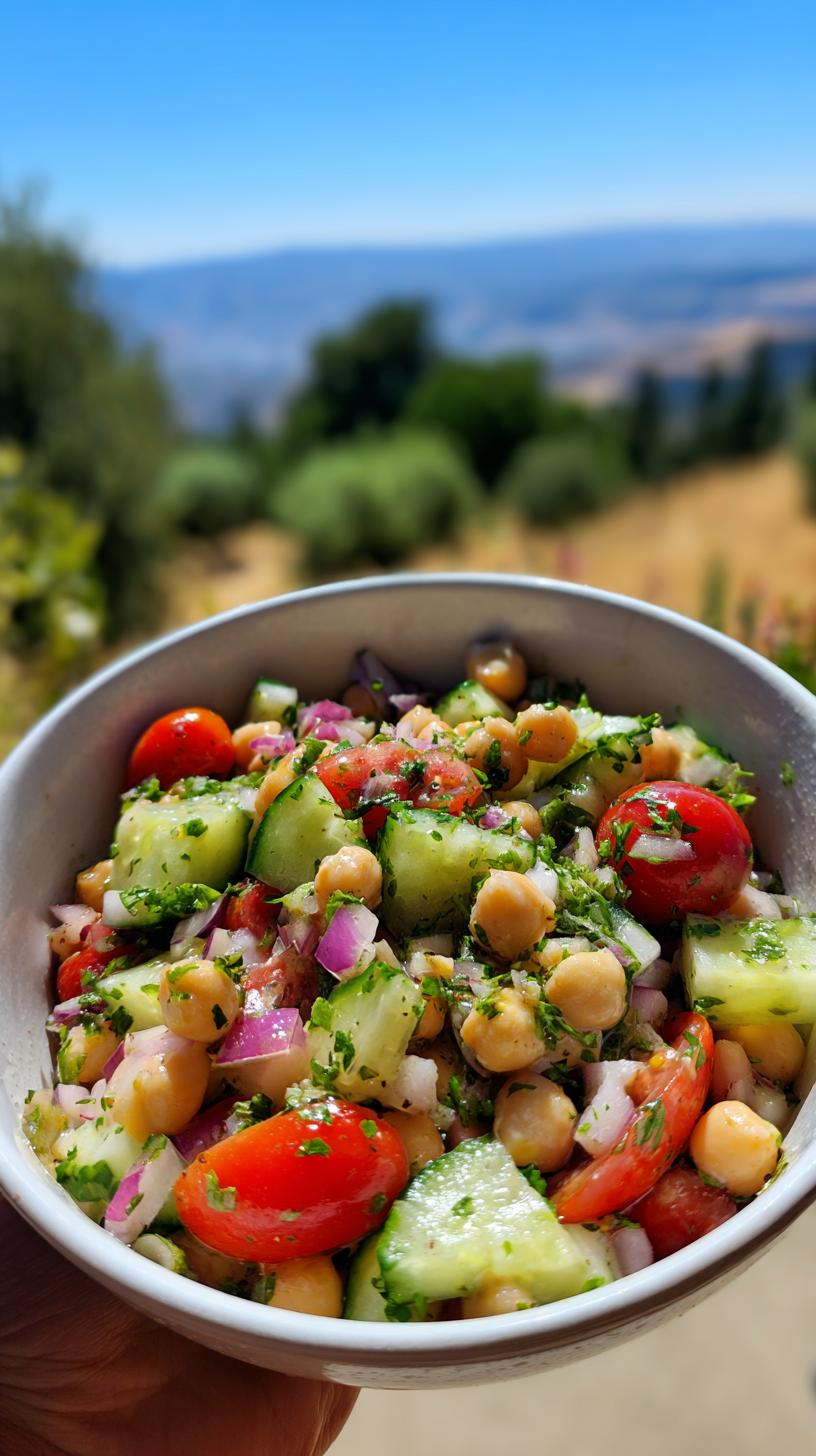A close-up of a refreshing Mediterranean chickpea salad with cucumber, tomatoes, red onion, and herbs.
