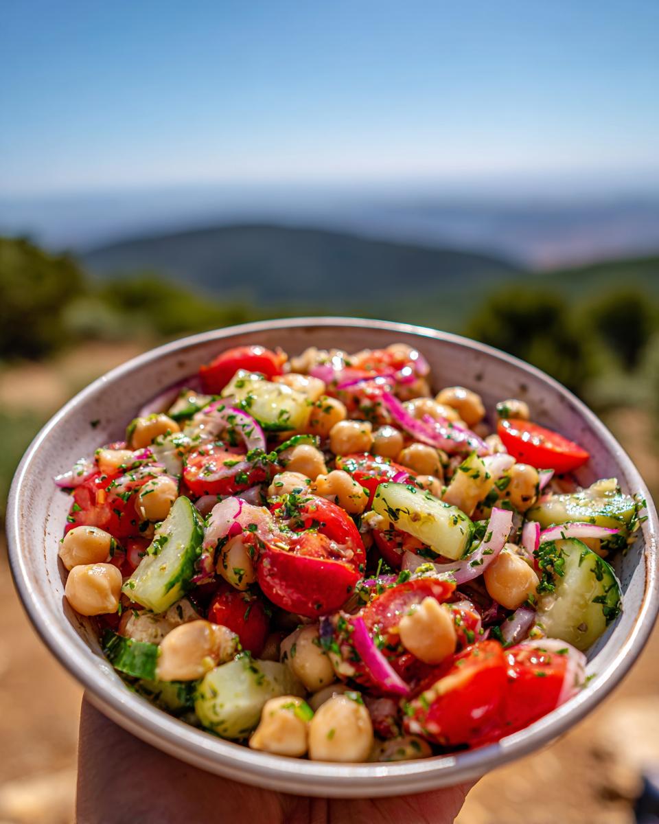A close-up of a vibrant Mediterranean chickpea salad with tomatoes, cucumbers, red onion, and herbs, held outdoors.