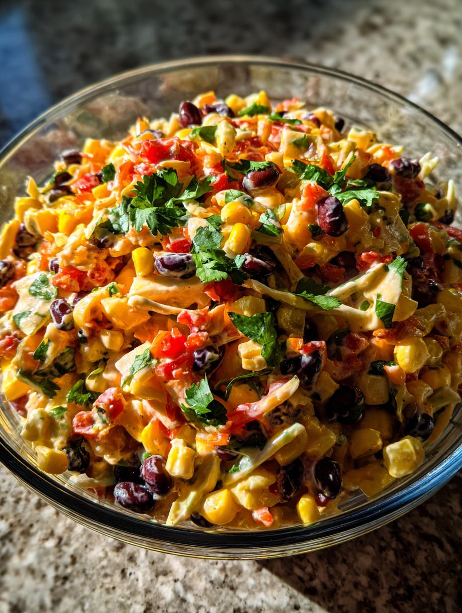 A close-up of Mexican Street Corn Coleslaw in a glass bowl, featuring corn, black beans, red peppers, and cilantro.