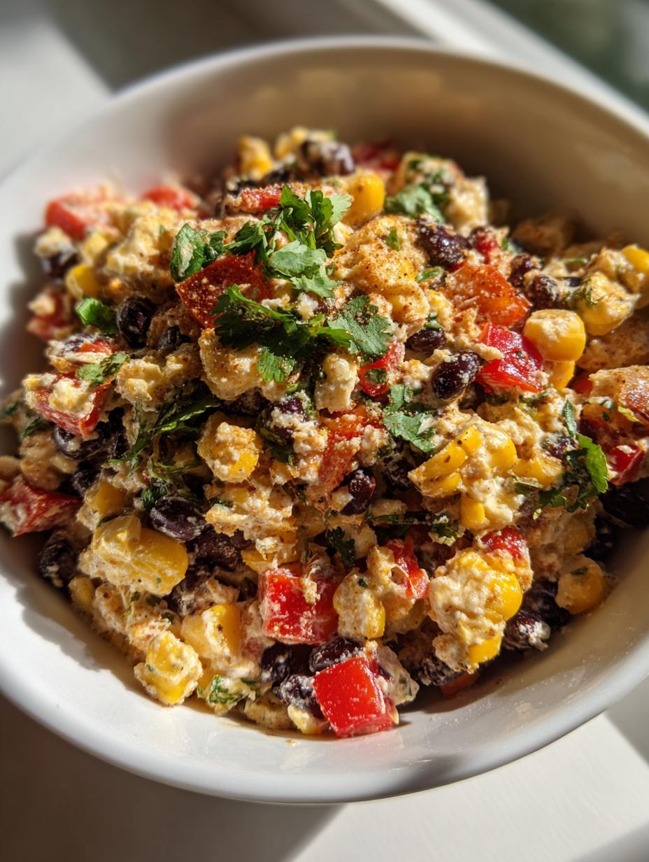A close-up of a white bowl filled with Mexican Street Corn Coleslaw, featuring corn, black beans, red peppers, and cilantro.
