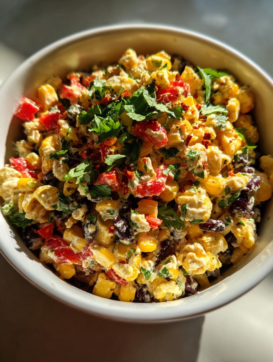 Close-up of Mexican Street Corn Coleslaw in a white bowl, featuring corn, black beans, red peppers, and cilantro.