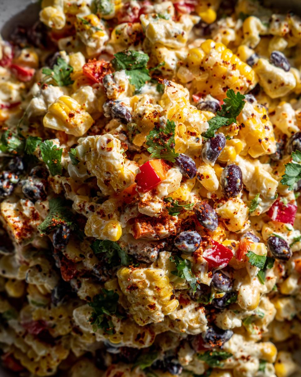 A vibrant and creamy Mexican Street Corn Coleslaw with corn, black beans, cilantro, and chili powder.