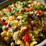 A vibrant close-up of Mexican Street Corn Coleslaw, featuring corn, black beans, red peppers, and cilantro.