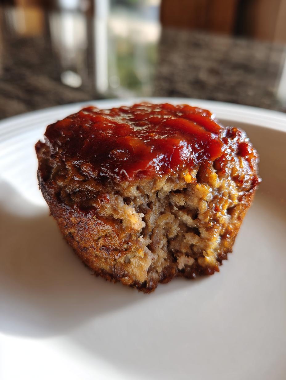 Close-up of a single Mini Meatloaf Muffin topped with a glossy glaze, showing a bite taken out.