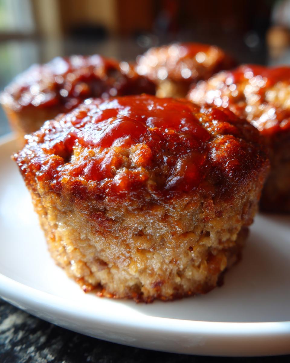 Close-up of a perfectly baked Mini Meatloaf Muffin topped with a glossy glaze.