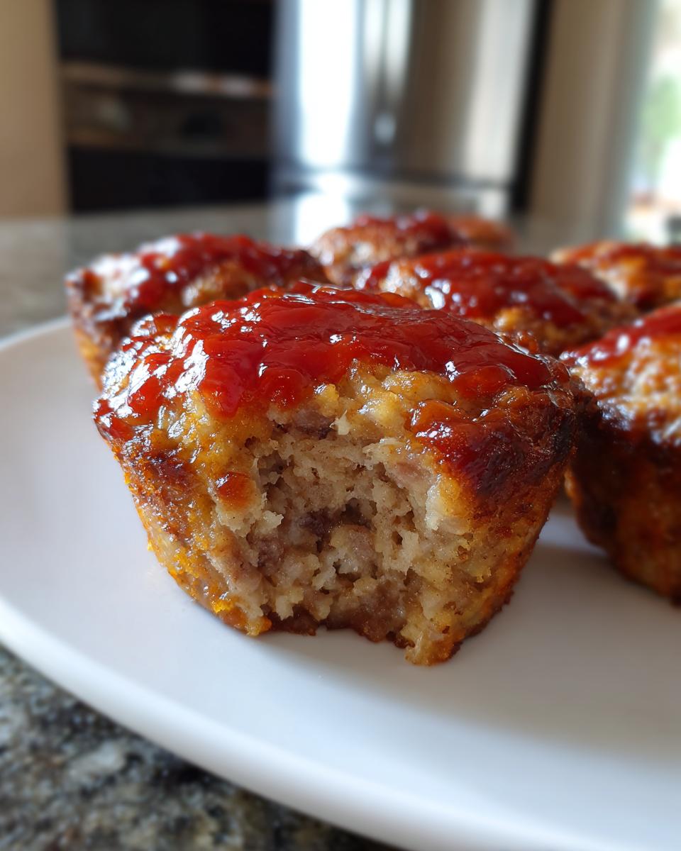 A close-up of a Mini Meatloaf Muffin with a bite taken out, topped with ketchup glaze.