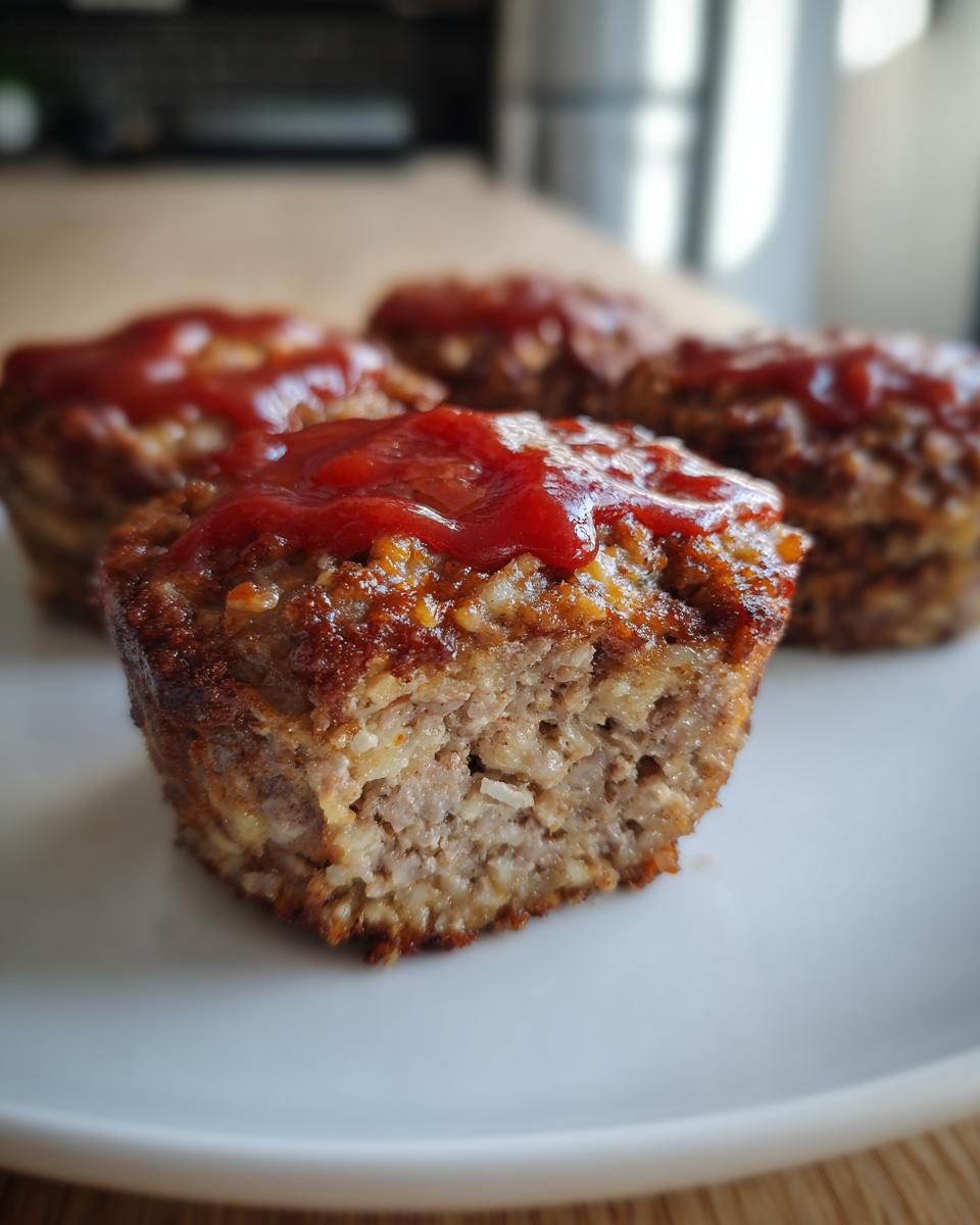 Close-up of a plate with Mini Meatloaf Muffins topped with ketchup.