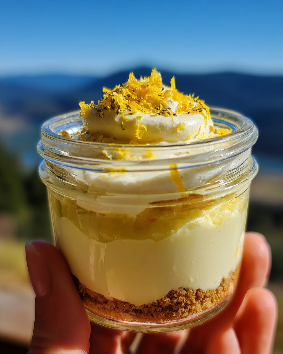 A hand holding a jar with a no bake lemon dessert, topped with whipped cream and lemon zest.