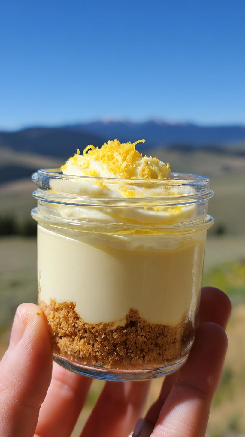 A hand holds a glass jar filled with a no bake lemon dessert, topped with whipped cream and lemon zest.