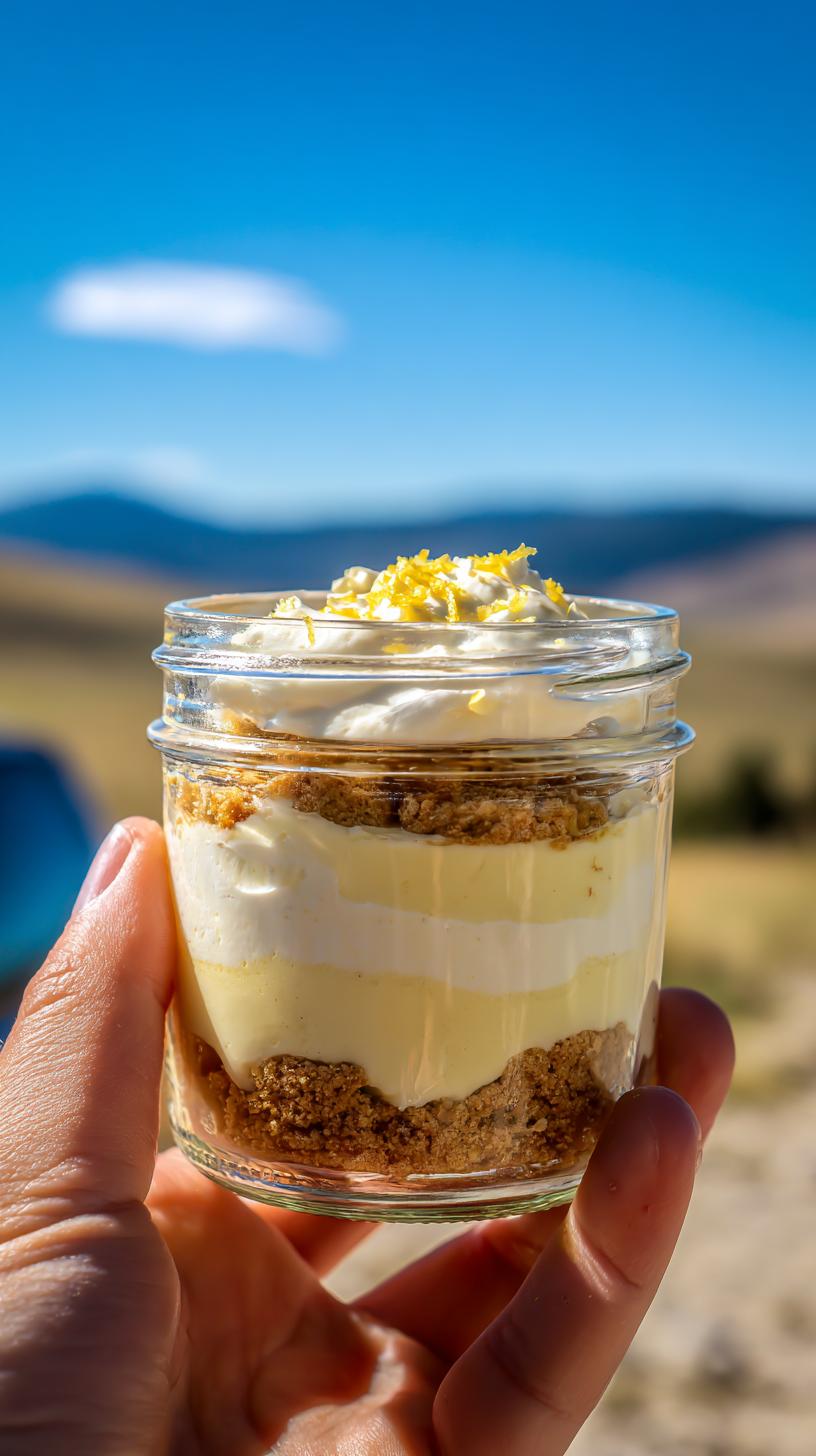 A hand holds a glass jar filled with a layered no bake lemon dessert, topped with whipped cream and lemon zest.
