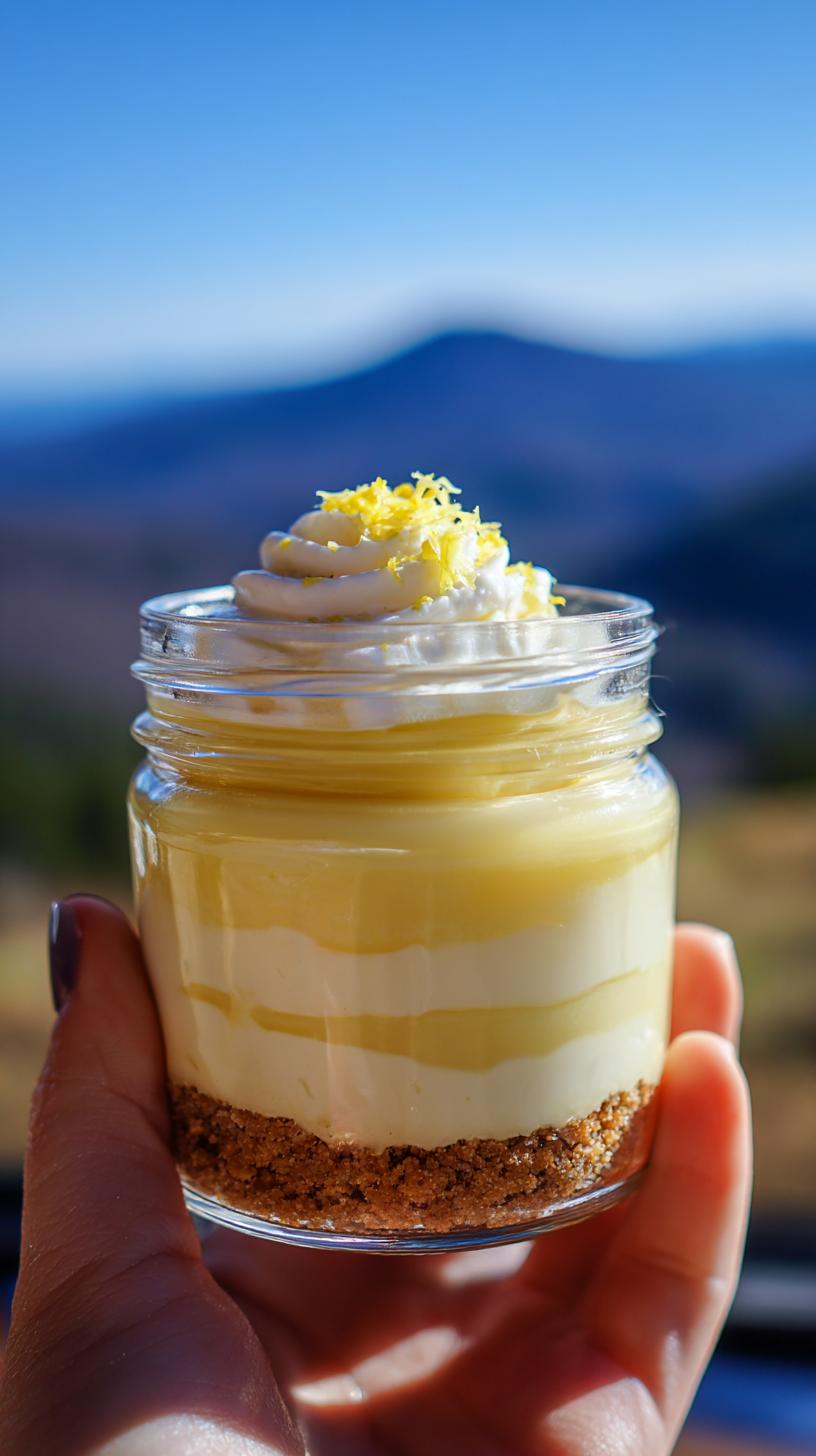 A hand holding a jar with a no bake lemon dessert, layered with cookie crumbs, lemon filling, and whipped cream topped with zest.