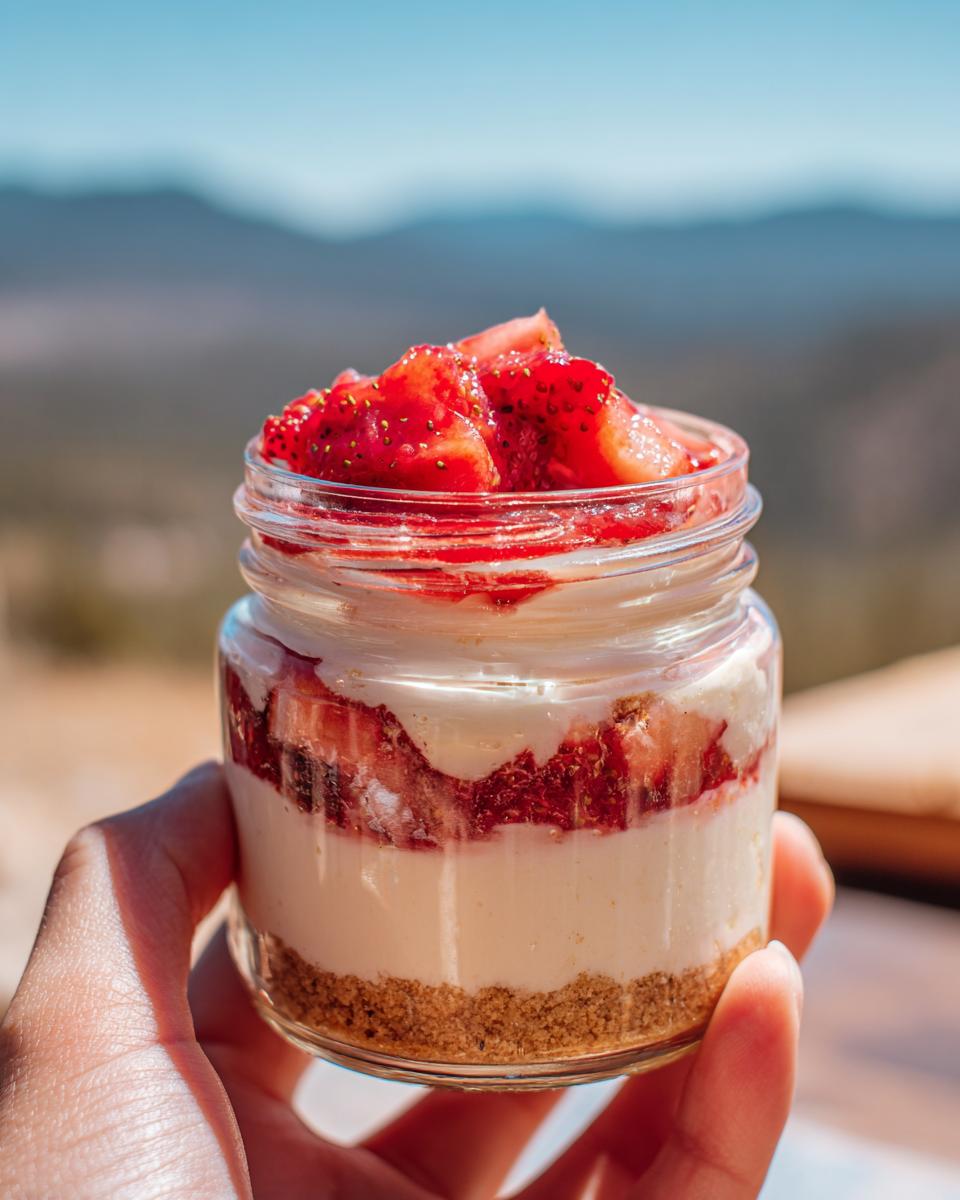 A hand holds a glass jar filled with no bake strawberry cheesecake cups, layered with graham cracker crust, creamy filling, and fresh strawberries.