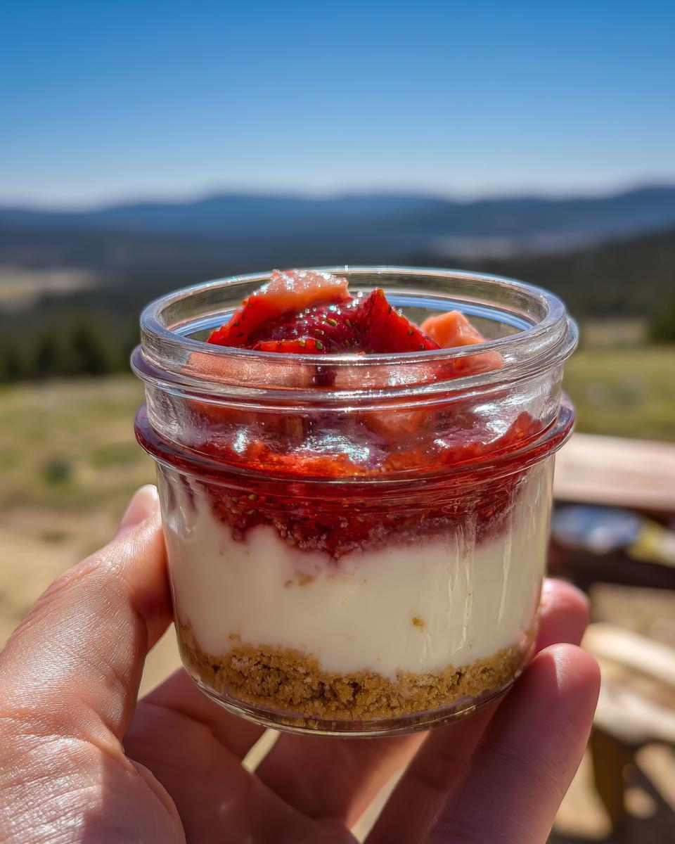 A hand holds a glass jar filled with no bake strawberry cheesecake cups, topped with fresh strawberries.