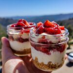 Two no bake strawberry cheesecake cups in small glass jars, held in a hand, topped with fresh strawberries.