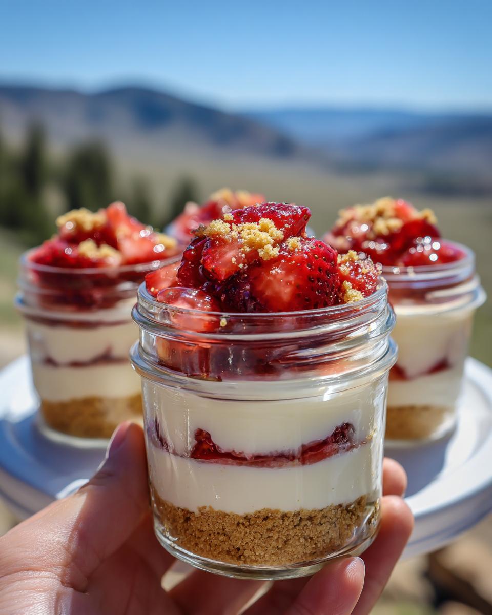 A hand holding a no bake strawberry cheesecake cup in a mason jar, layered with graham cracker crust, cheesecake filling, and fresh strawberries.