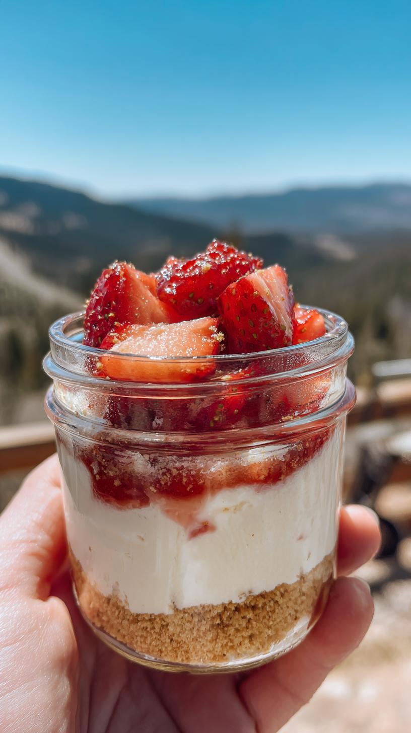 A hand holds a glass jar filled with no bake strawberry cheesecake cups, topped with fresh strawberries.