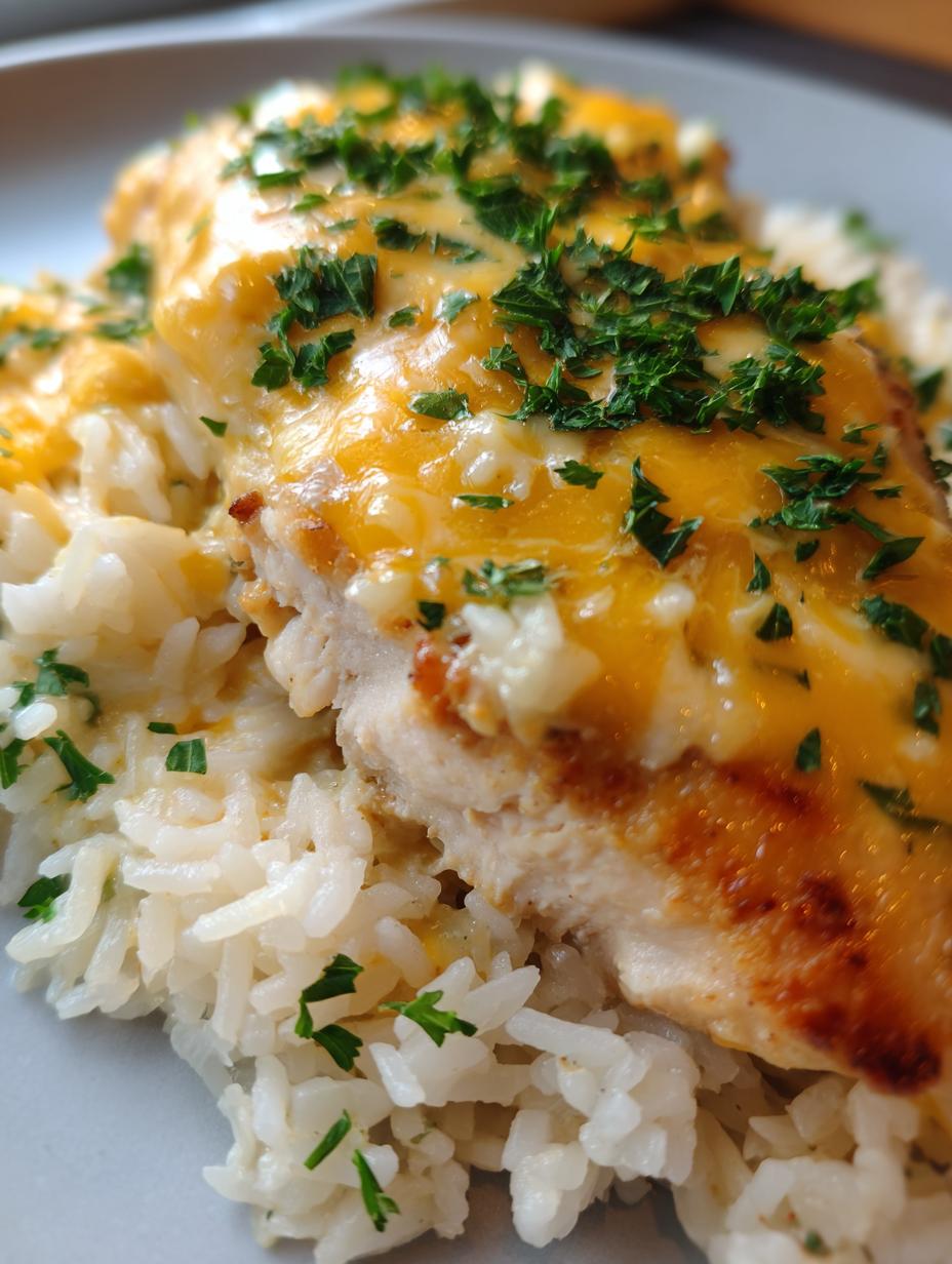 Close-up of a serving of One Pan Creamy Chicken and Rice Bake, featuring a piece of chicken topped with melted cheese and parsley, served over rice.