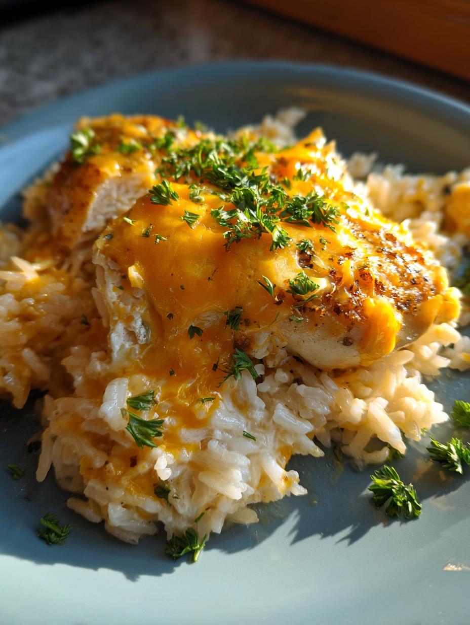 Close-up of a serving of One Pan Creamy Chicken and Rice Bake, topped with melted cheese and fresh parsley.