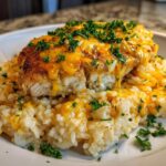 Close-up of a serving of One Pan Creamy Chicken and Rice Bake, topped with melted cheddar cheese and fresh parsley.