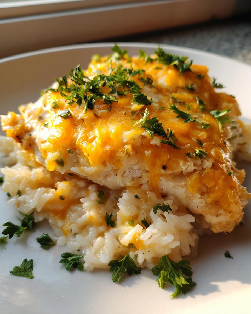 Close-up of One Pan Creamy Chicken and Rice Bake topped with melted cheddar cheese and fresh parsley.