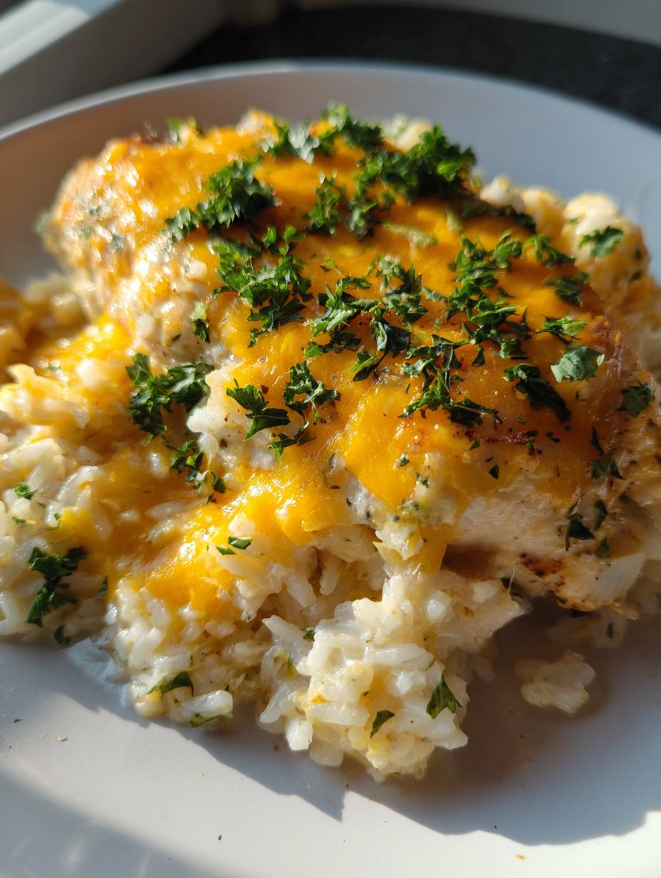 A close-up of a serving of One Pan Creamy Chicken and Rice Bake, topped with melted cheddar cheese and fresh parsley.