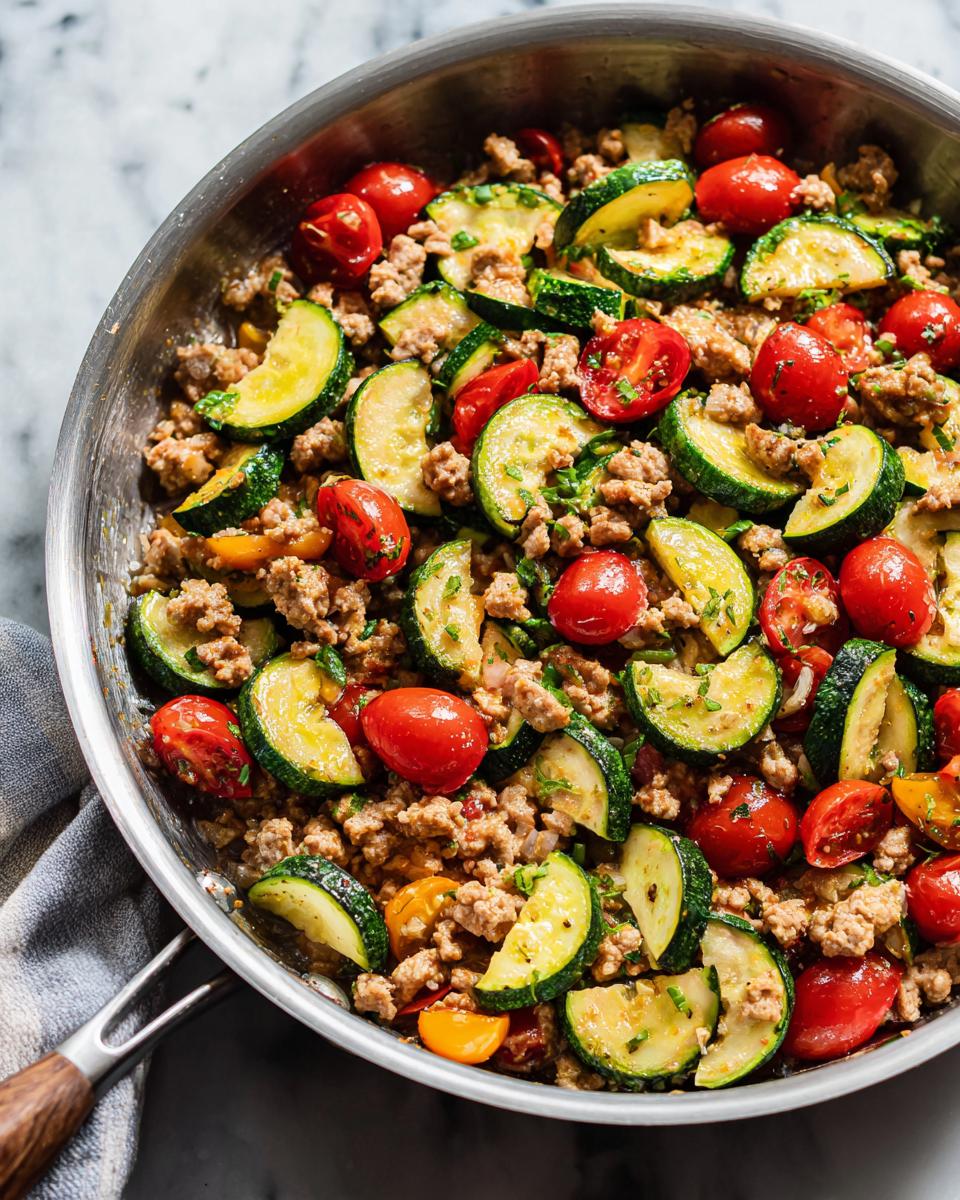 Close-up of a one pan healthy turkey and zucchini skillet with cherry tomatoes and herbs.