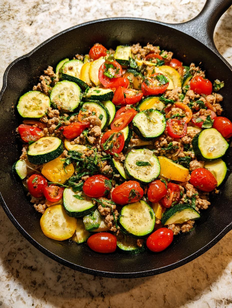 A close-up view of a one pan healthy turkey and zucchini skillet, filled with ground turkey, zucchini slices, cherry tomatoes, and herbs.