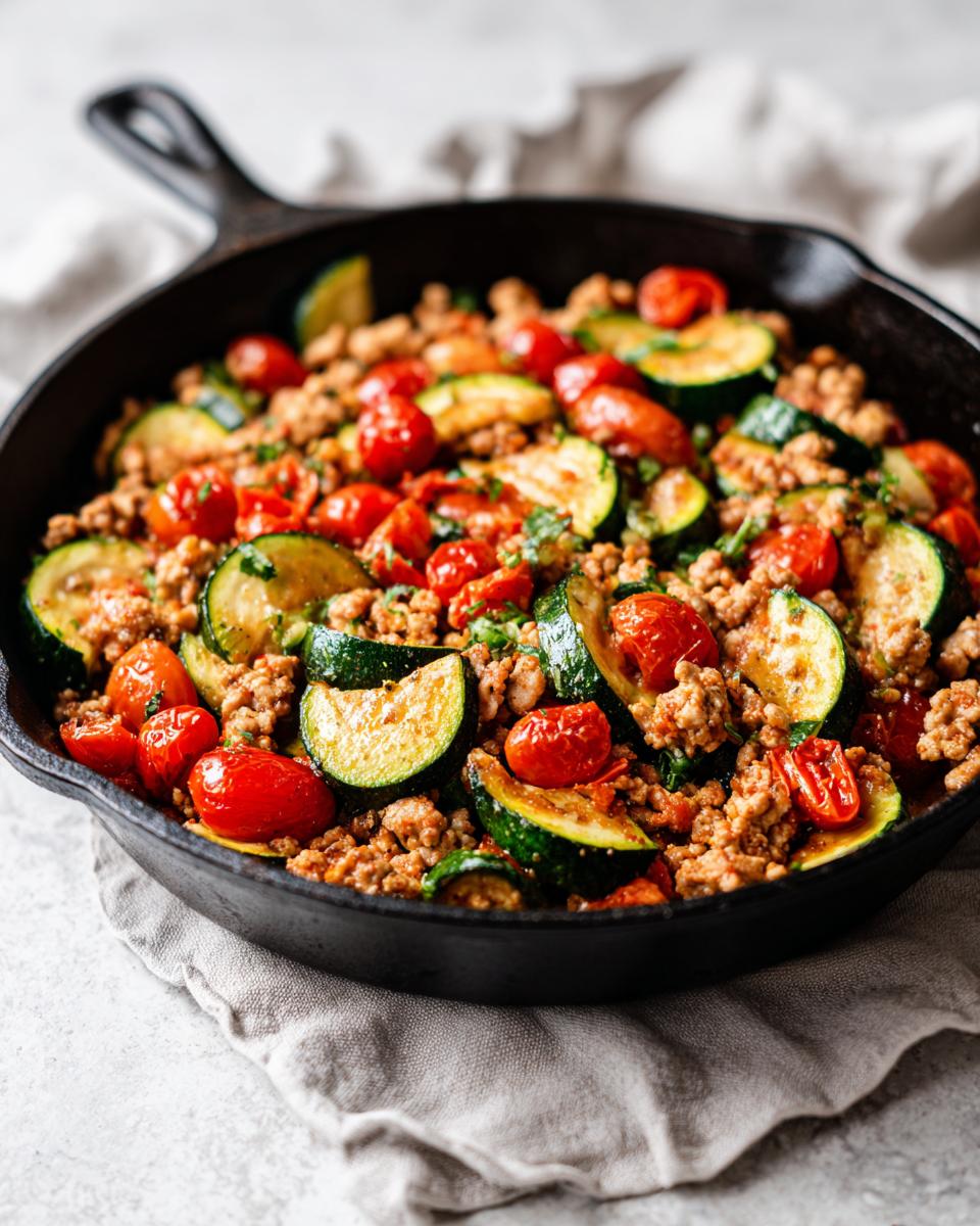 Close-up of a one pan healthy turkey and zucchini skillet with cherry tomatoes and herbs.