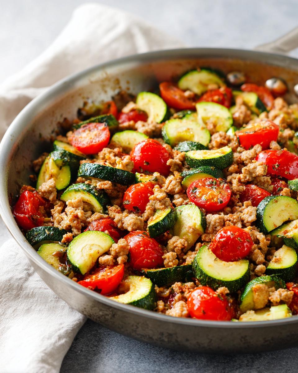 Close-up of a one pan healthy turkey and zucchini skillet with cherry tomatoes and herbs.