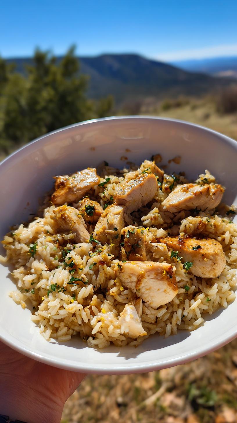 A bowl of One Pan Lemon Chicken with Rice, topped with chopped chicken pieces and fresh herbs.