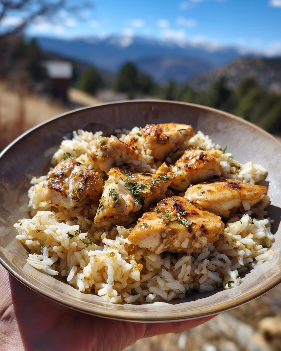 A bowl of delicious one pan Lemon Chicken with Rice, garnished with herbs and served outdoors with mountains in the background.
