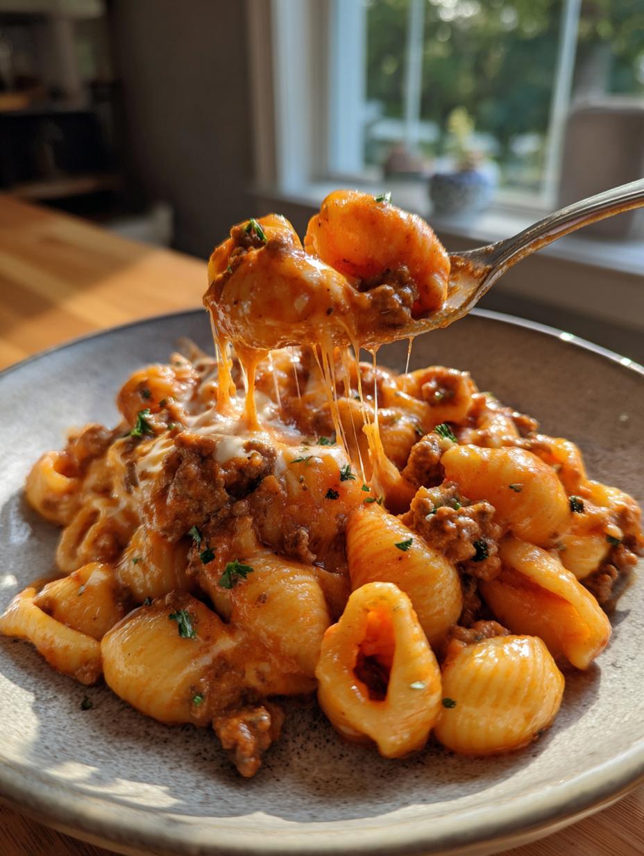 Amazing One Pot Creamy Beef and Shells 30 Min 6 A fork lifting a portion of One Pot Creamy Beef and Shells, showing melted cheese stretching.
