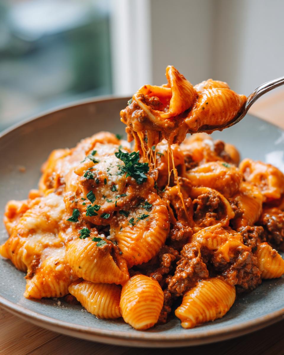 Amazing One Pot Creamy Beef and Shells 30 Min 7 A spoonful of One Pot Creamy Beef and Shells pasta, with melted cheese stretching.