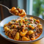 A spoonful of One Pot Creamy Beef and Shells, with melted cheese dripping, served in a bowl and garnished with parsley.