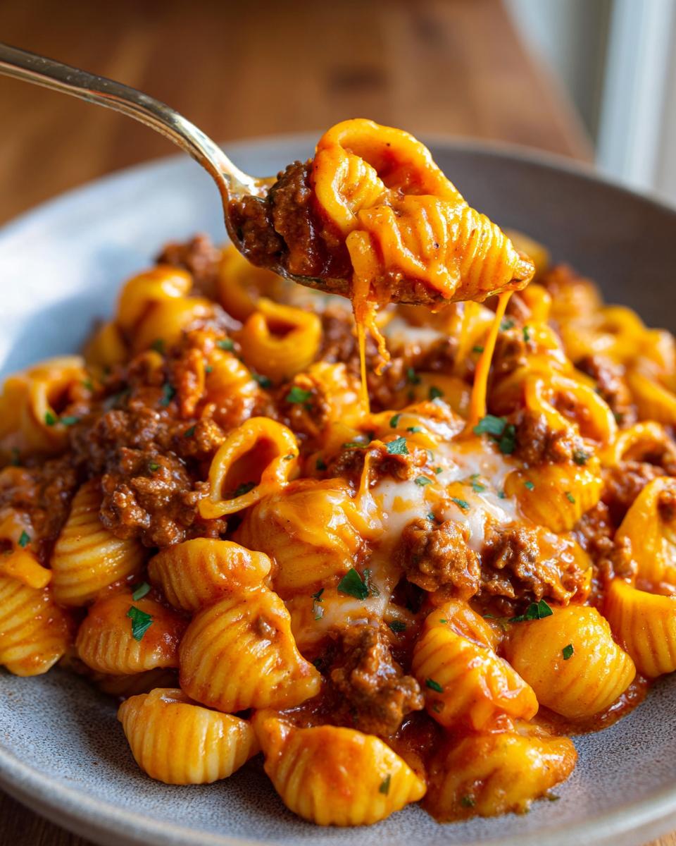 Amazing One Pot Creamy Beef and Shells 30 Min 8 A spoonful of One Pot Creamy Beef and Shells, showing pasta, ground beef, and melted cheese.