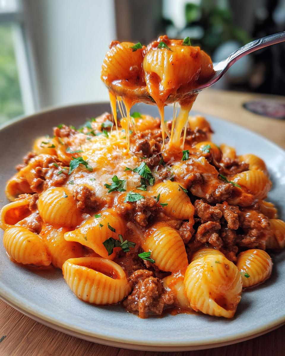 Amazing One Pot Creamy Beef and Shells 30 Min 9 A spoonful of One Pot Creamy Beef and Shells with gooey melted cheese being lifted from a plate.