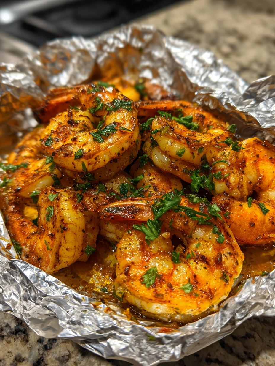 Amazing Oven Baked Cajun Shrimp Foil Packets 6 Close-up of delicious Oven Baked Cajun Shrimp Foil Packets, seasoned and garnished with parsley.