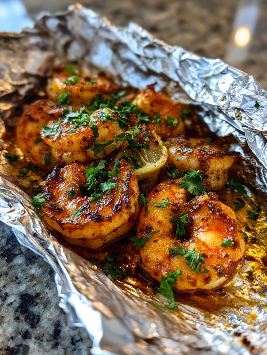 Amazing Oven Baked Cajun Shrimp Foil Packets 7 Close-up of delicious Oven Baked Cajun Shrimp Foil Packets, seasoned and garnished with parsley and lemon slices.