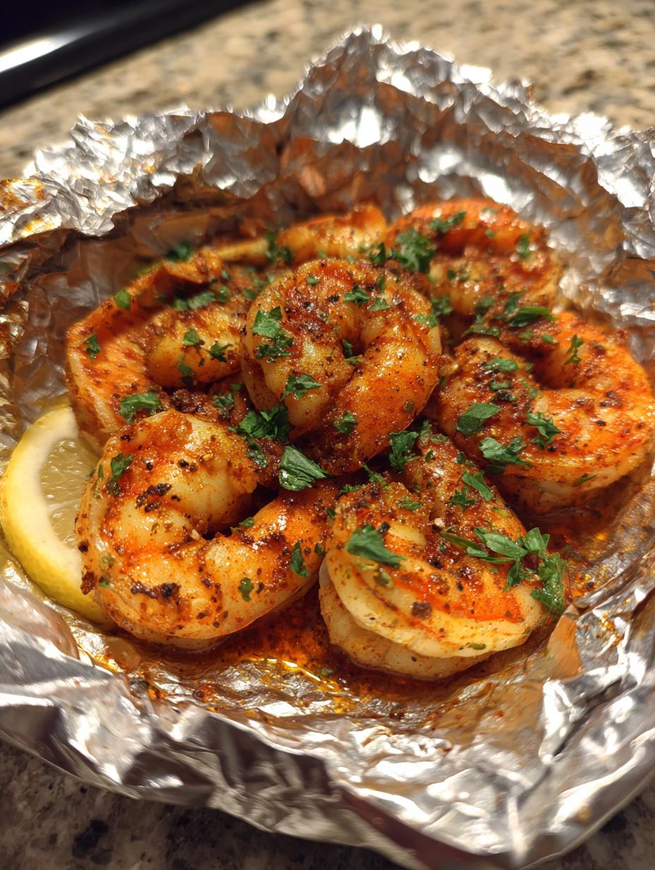 Amazing Oven Baked Cajun Shrimp Foil Packets 8 Close-up of Oven Baked Cajun Shrimp Foil Packets, seasoned and garnished with parsley, with a lemon wedge.