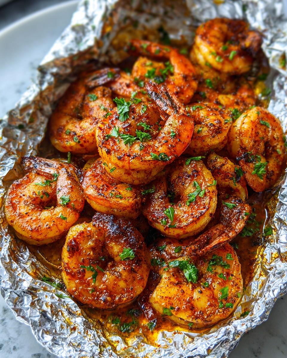 Amazing Oven Baked Cajun Shrimp Foil Packets 9 Close-up of delicious Oven Baked Cajun Shrimp Foil Packets, seasoned and garnished with parsley.