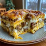 A delicious slice of Pancake Sausage Breakfast Casserole with layers of pancake, sausage, and melted cheese.