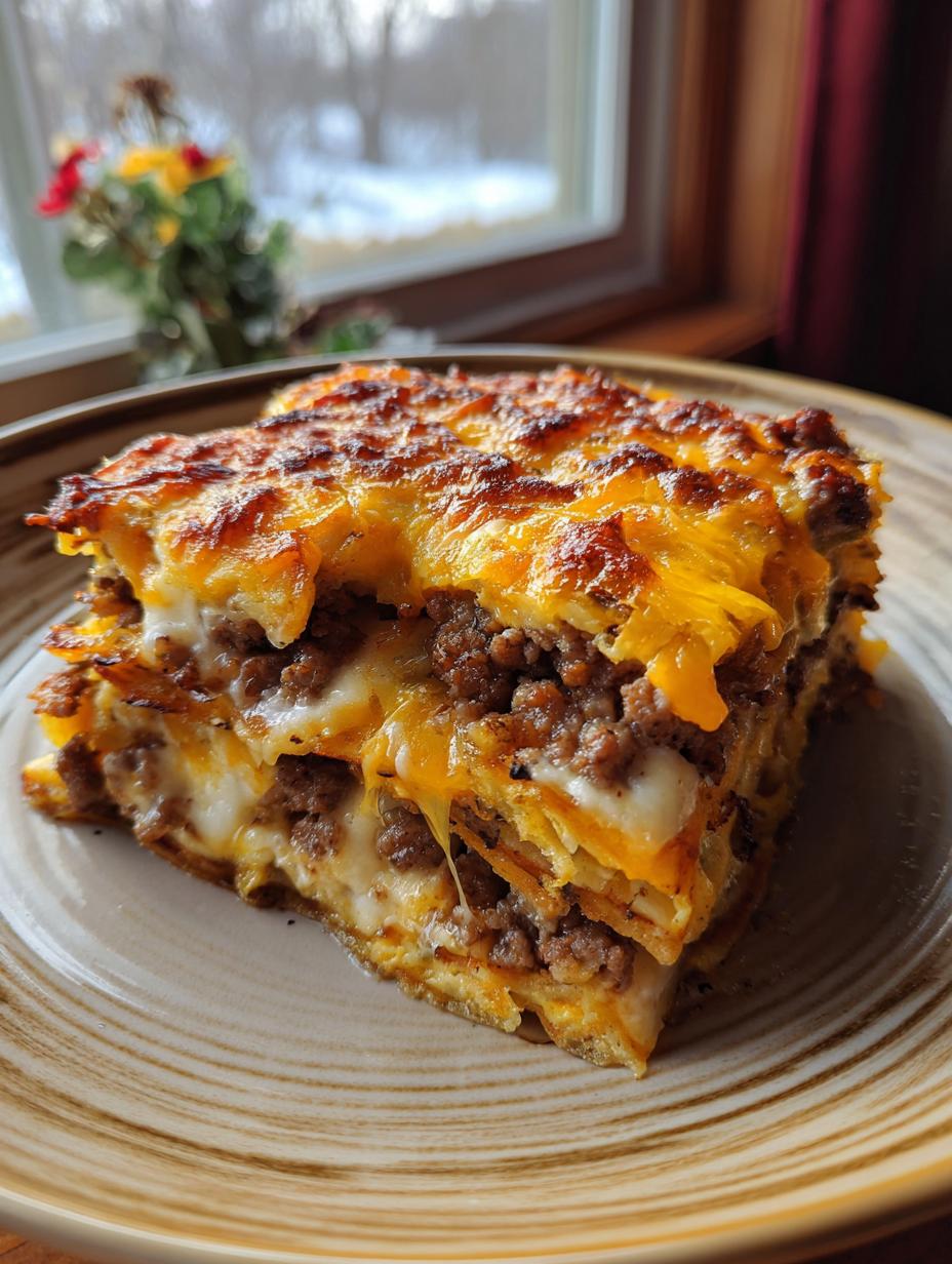 A slice of delicious Pancake Sausage Breakfast Casserole with layers of sausage, cheese, and pancake.