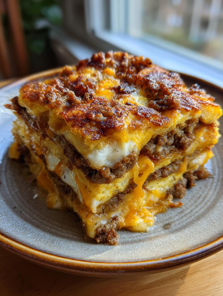 A delicious slice of Pancake Sausage Breakfast Casserole, featuring layers of pancake, sausage, and melted cheese.