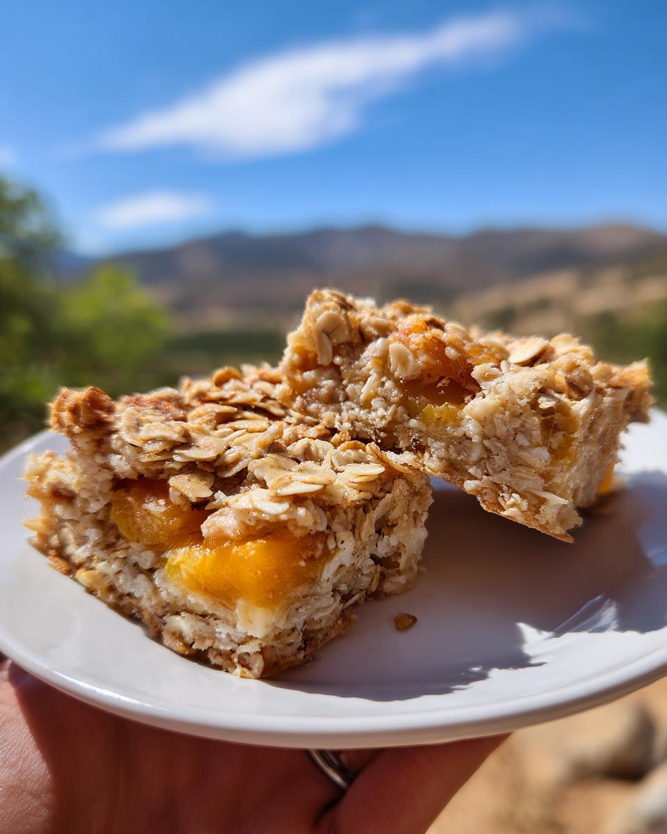Two squares of Peach Baked Oatmeal Easy Summer Breakfast Recipe on a white plate, showing chunks of peach and oats.
