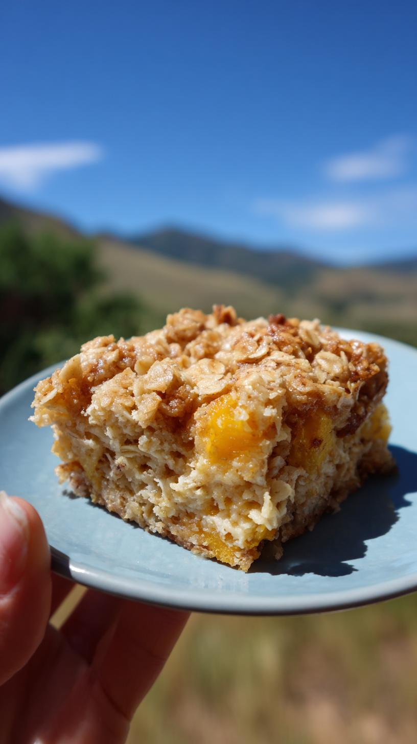 A slice of Peach Baked Oatmeal on a blue plate, with a mountain landscape in the background.