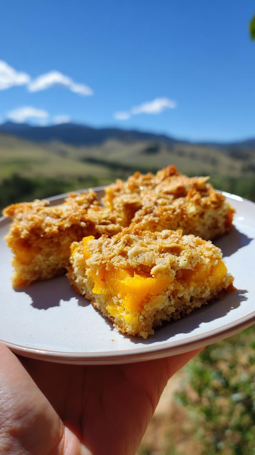 Close-up of two slices of Peach Baked Oatmeal, a summer breakfast recipe, on a plate with a blurred mountain background.