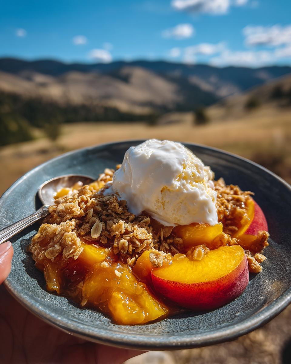 A bowl of Peach Crisp with Oat Crumble Topping, topped with vanilla ice cream and fresh peach slices.