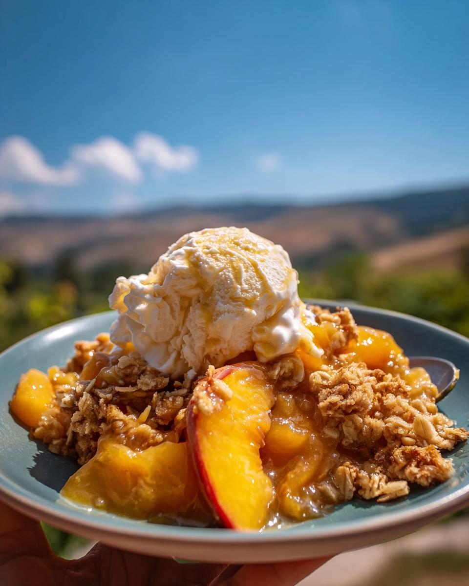 A close-up of a serving of Peach Crisp with Oat Crumble Topping, topped with melting vanilla ice cream and a drizzle of sauce.