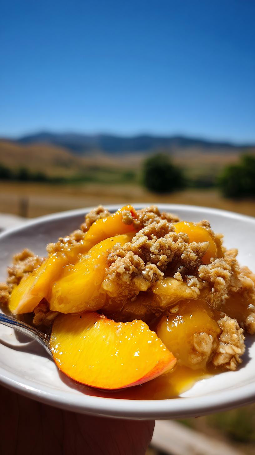 A close-up of a serving of Peach Crisp with Oat Crumble Topping, featuring juicy peach slices and a golden crumble.